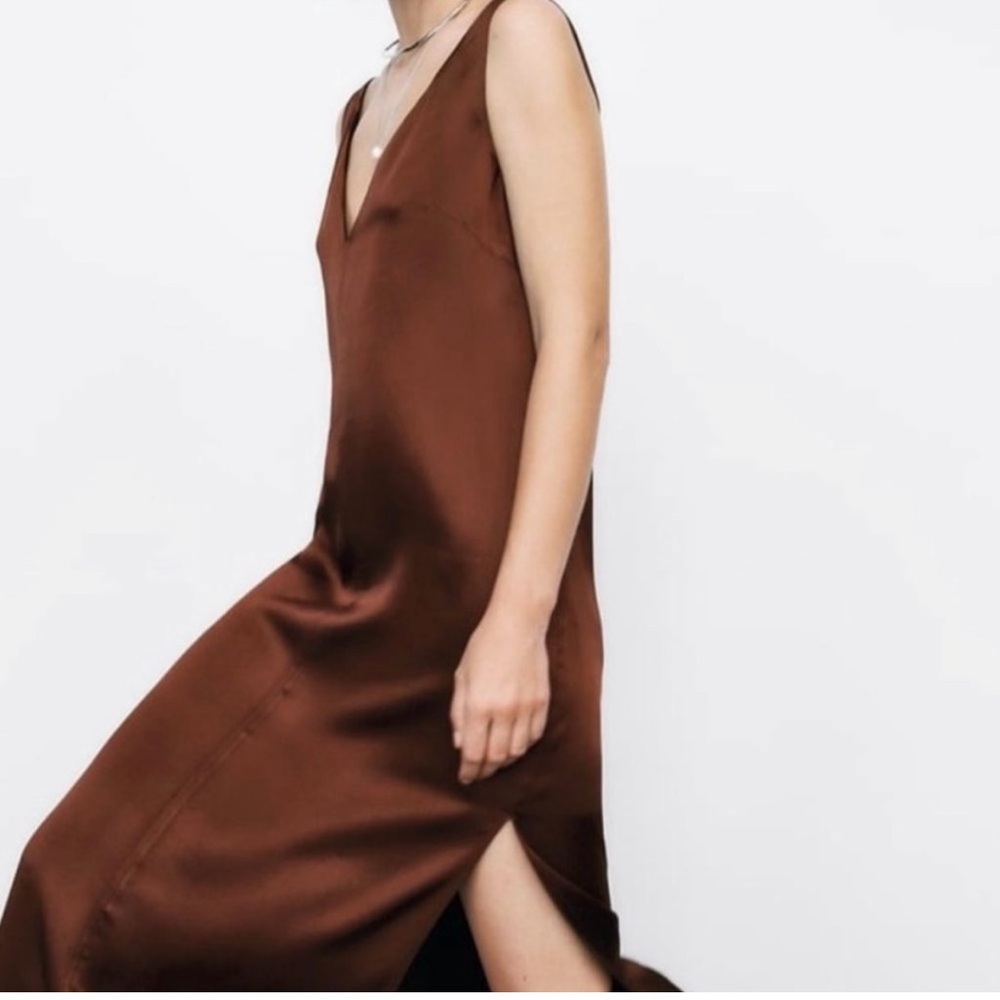 Zara Sleeveless V Neck Satin Brown  Slip Shift Maxi Midi Dress Size Medium